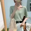 Camiseta de Seda de Hielo para Mujer Verano Delgada de Punto Manga Corta 2024 Nuevo Holgada Aspecto Adelgazante Manga Media Prenda Base Casual Cuello en V Superior