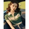 Exquisite Top Fino Estilo Floresta Retrô, Novo Verão Polo Manga Curta Color Block Slim Fit Malha Fina para Mulheres