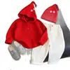 Ropa infantil estilo coreano 2026 colección otoño nuevo suéter con capucha y pantalones rectos de color rojo dopamina, con dibujos animados, lindos, para niños y niñas