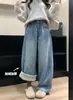 Tiro Real de Jeans Gruesos de Pierna Ancha Forrados de Polar para Mujer con Diseño de Cintura Alta, Pantalones Rectos Sueltos con Pedrería de Cielo Estrellado de Alta Resistencia