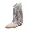 Amazon Comércio Exterior 2026 Novo Estilo Bico Fino Salto Bloco Salto Alto Franja Strass Moda Passarela Slip-On Tamanho Grande Botas Curtas