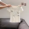 Camiseta de Manga Corta con Cuello en U para Mujer, Perro Dachshund Bordado Estilo Coreano Chica Picante, Top Ajustado de Verano con Diseño de Lazo 3D, Moderno