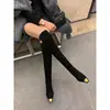 Botas Altas Hasta la Rodilla de Terciopelo Elástico con Punta Cuadrada de Metal Estilo Europeo y Americano de 8 cm Tacón Grueso Elegante y con Estilo Novedad Otoño e Invierno 2026