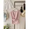 Suéter de tricô leve azul claro chique estilo coreano com pregas na cintura ajustada para mulheres, top de design irregular slim-fit