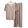Pijama de Seda Helada de Verano Talla Plus para Mujer, Conjunto de Dos Piezas de Manga Corta, Ropa de Casa Estilo Nuevo, Pantalones Anchos Sueltos Casuales, Ropa de Dormir