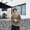 Suéter de punto rayado Henley de manga larga color-blocking estilo perezoso para hombre, otoño/invierno casual holgado tacto de alta gama hueco moderno