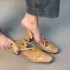 Sandalias de mujer en stock con piel de vacuno de capa superior, tira en T, tacón cuadrado grueso, adecuadas para combinar con vestidos, sandalias de una tira, tacón grueso, estilo de hada, adecuadas para vestidos