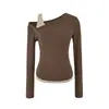 Conjunto de Dos Piezas Color Café Melanoidido Hombros Descubiertos Hombro Único Manga Larga Camiseta para Mujer Otoño Ajustado Ceñido a la Cintura Capa Base Top Base