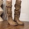 Botas de Caballero Estilo Retro Wasteland con Borlas Tacón Grueso Botas No Más Altas de la Rodilla Zapatos Adelgazantes Botas de Caña Media para Mujer
