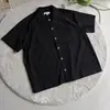 Camisa Masculina de Manga Curta em Mistura de Acetato de Verão Gola Cubana Cor Sólida Solta Casual Versátil Camisa de Meia Manga T Curto Branco