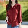 2025 Verano Nuevo Rayón Camisa Cuello Tijera Manga Tres Cuartos Cárdigan para Mujer Color Puro Holgado Top Camisa con Bolsillos