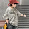 Ropa de Verano para Niños 2025 Nuevo Estilo Coreano Atuendo Guapo Niños Estampado de Leopardo Manga Corta Tendencia Top Jeans con Graffiti Moda