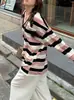 Camiseta de Manga Larga para Mujer con Rayas Rojas, Estilo Americano Berry Soda, Ligera para Otoño, Holgada