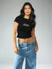 Camiseta Corta de Calle Europea y Americana con Estampado de Letras para Mujer, Corte Ajustado, que Muestra la Cintura, Top Versátil Casual de Chica Popular de Manga Corta