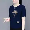 Roupas Estilo Mãe Transfronteiriças para Meia-Idade e Idosos, Camiseta de Manga Curta Estilo Chinês Tradicional, Blusa Solta de Manga Meia-Manga Tamanho Grande que Cobre os Quadris