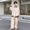 Conjunto Deportivo Casual para Niños Talla Mediana y Grande Primavera y Otoño Chaqueta Cardigan de Manga Larga con Bloques de Color con Pantalones de Pierna Ancha a Rayas Deportivo Moderno