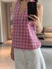 Estilo Nuevo de Verano 100% Algodón Moderno y Versátil Cuadros Clásicos Tricolor Top de Tirantes Halter con Cordones Espalda Profunda sin Espalda para Mujer 5504