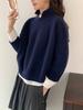 Suéter Pulôver Casual Solto Moda Japonesa e Coreana para Mulheres, Novo Modelo Outono e Inverno para Figuras Baixas, Tricô com Gola Polo e Manga Raglan