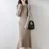 Vestido Largo de Punto Trenzado 100% Lana para Mujer, Cuello Redondo, Manga Larga, Jersey, Casual, Versátil Vestido de Cachemira de Corte A