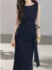 Vestido de Verano Azul Elegante Muqing Estilo Francés Ceñido a la Cintura para Mujer 2026 Nuevo Vestido Largo Adelgazante con Lazo en la Cintura