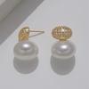 Brincos de pino de pérola branca de alto brilho com zircônia incrustada oval, elegantes brincos em formato de ovo dourado de alta qualidade, acessórios para senhora socialite