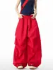 Pantalones Casuales Rojos de Pierna Ancha Estilo Retro Americano para Mujeres y Hombres, Pantalones de Paracaidista Plisados Perezosos y Relajados de Verano, Pantalones Fluidos Largos hasta el Suelo