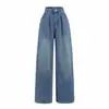 Pantalones de mezclilla de pierna ancha de talle alto plisados a la cintura estilo europeo y americano 2025 Verano Nuevo Lavado Desgastado Rectos Hasta el Suelo