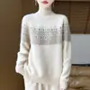 Blusa de Tricô Grossa Nova com Mangas Longas para Usar por Baixo Jacquard de Tricô Gola Alta Combinando Cores Lã Pura