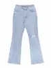 Calça Jeans Flare Tk0636Hd de Cintura Alta Levanta Bumbum para Mulheres, Azul Claro com Design Rasgado e Bolso Traseiro com Bordado de Laço Rosa