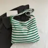 Bolsa Tote de Ombro de Lona Listrada Dupla Face com Aparência Sofisticada, Nova Coleção Primavera 2025, Grande Capacidade, Casual para Trabalho