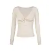 UNBDNS Chic Nicho Camiseta Top Manga Longa com Pregas Torcidas Ombro Normal Feminina Outono Novo Gola V Camisa Base