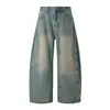 Jeans unisex estilo high street americano 1086 con un toque de alta gama, diseño de color vintage lavado, corte holgado, denim casual de corte curvo para hombre