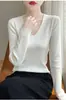 Suéter Feminino de Lã Penteada com Design Decote V Largo, Casual e Elegante Preguiçoso, Look Emagrecedor Outono e Inverno Top Tricotado Macio Ceroso