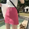 Falda de Mezclilla Talla Grande para Mujer Verano Estilo Coreano Diseño Dividido con Sentido Falda de Cadera Cintura Alta Línea A Falda Media Rosa Rojo