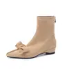 Botines súper bonitos de punta delgados con moño para combinar con faldas, otoño/invierno 2026, tacón medio de cuña pequeña, punta, gamuza, elásticos, botines cortos para mujer, talla 42