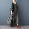 Vestido Outono 2026 Foto Real Novo Algodão Linho Artístico Solto Emagrecedor Patchwork Cordão Manga Lanterna Tamanho Grande