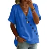 Camisa de Algodón y Lino de Manga Corta, Holgada, Casual, de Botones, Color Sólido, Estilo Europeo y Americano, Cuello en V, para Mujer, Novedad Verano 2026