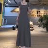 Vestido de Manga Corta Gris de Estilo Suave y Alta Calidad para Mujer Verano Elegante Cintura Ajustada Falda de Cadera Corte Slim Adelgazante Falda Larga