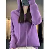 Suéter Novo Transfronteiriço Lã Listrado com Capuz Feminino Solto Outono Inverno Mistura Cor Sólida 2024 Gorro de Tricô Hoodie