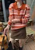 Suéter de tricô jacquard Fair Isle feminino outono inverno novo lã cashmere lapela escovada suéter de lã listrado retrô solto