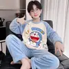 Pijama de franela de manga larga para otoño e invierno para niñas, holgado y cálido, adecuado para niños mayores, forro polar de coral, conjunto de ropa de estar para niñas