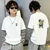 Camiseta de algodón 100% pura para niño, nueva de 2026, ropa infantil, imitación de dos piezas, manga larga, rayas, retazos, para primavera y otoño