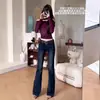 Jeans Retrô Estilo Americano Azul Escuro Cintura Alta Tamanho Único Feminino Estilo Coreano Fashionable Slim-Fit Reto Tubo Stretch Calças Flare