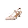 Sandalias romanas de piel de cabra texturizada francesa, estilo retro, para verano 2024, con tacón medio grueso y punta redonda, de piel auténtica, con la parte trasera vacía.