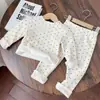 Conjunto de roupa íntima térmica para meninas, estilo coreano, roupinha de outono com bolinhas para bebê, forrado com fleece e espesso, conjunto de duas peças para bebê