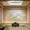 Fundo de parede com fita de LED em linha de fluxo de paisagem inspirada em Zen, sala de chá com tatame japonês, gesso de luz suave, parede com relevo tridimensional
