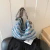 Bolso de Hombro Rayado Azul y Blanco de Tela Cepillada, Serie de Nicho Estilo Coreano, Estilo Dulce y Fresco para Niñas, Bolso de Compras Personalizado