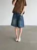 Oufan Jeans Rasgado 3D Azul Retrô Cintura Alta Cinco Pontos Perna Larga Shorts Feminino Verão Soltos Meio-Comprimento 11394
