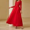 Vestido de novia de manga larga con encaje de malla de Amazon, vestido de noche rojo, ropa de mujer de comercio exterior europeo y americano