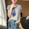 Lenço de seda estilo francês com decote em V, gravata, camiseta de seda gelada para mulheres, top de tricô estiloso, manga curta, fino, solto, modelador, top versátil